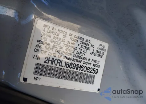 2001 Honda Odyssey Ex z USA, uszkodzony, nr VIN 2HKRL18691H608259